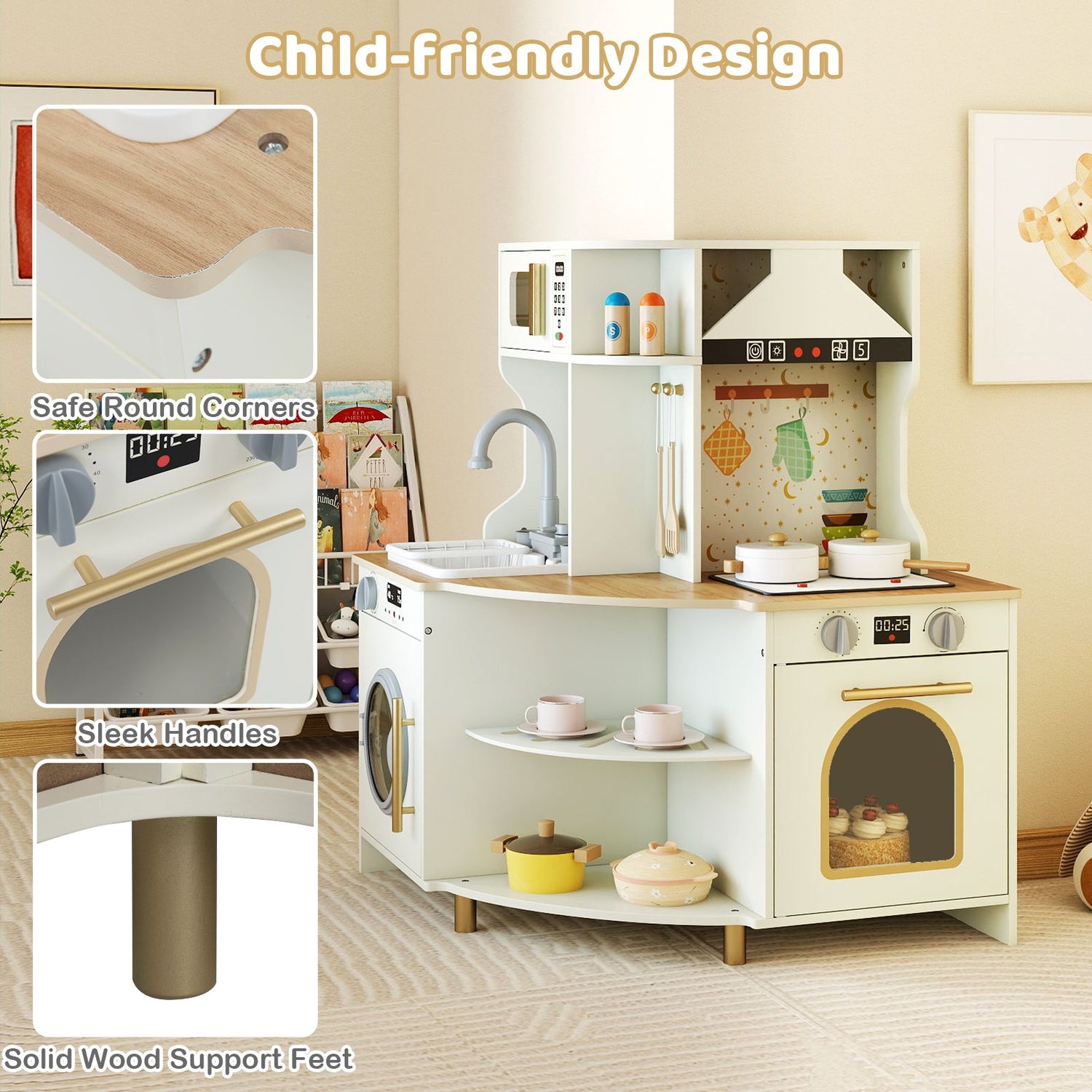Wooden Corner Kitchen Playset with Working Faucet and Realist Sound