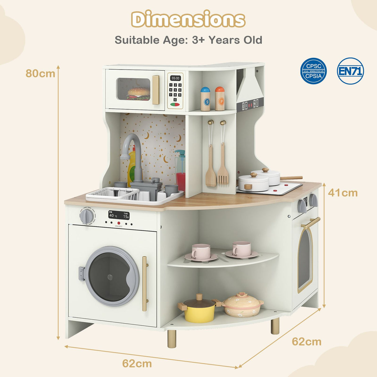 Wooden Corner Kitchen Playset with Working Faucet and Realist Sound