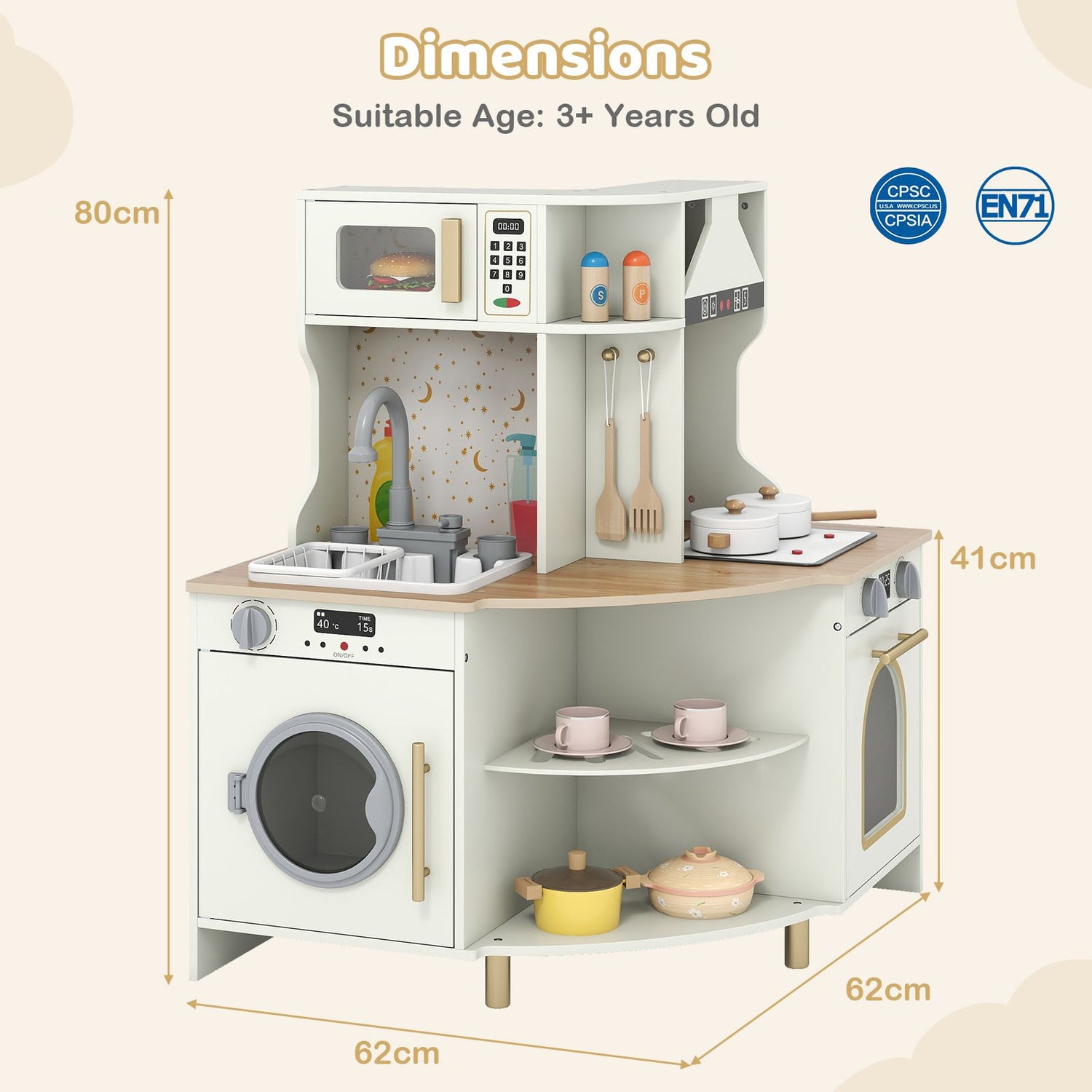 Wooden Corner Kitchen Playset with Working Faucet and Realist Sound