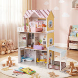 Wooden Dollhouse with 16 Furniture Accessories and Balcony