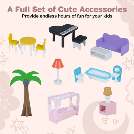 Wooden Dollhouse with 16 Furniture Accessories and Balcony