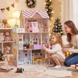 Wooden Dollhouse with 16 Furniture Accessories and Balcony