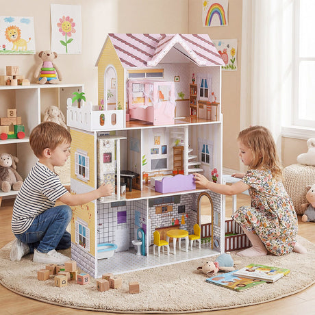 Wooden Dollhouse with 16 Furniture Accessories and Balcony