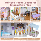Wooden Dollhouse with 16 Furniture Accessories and Balcony
