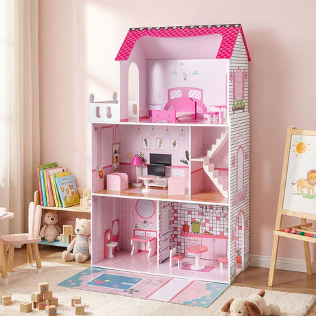 Wooden Dollhouse with 17-Piece Furniture and Staircase Accessories