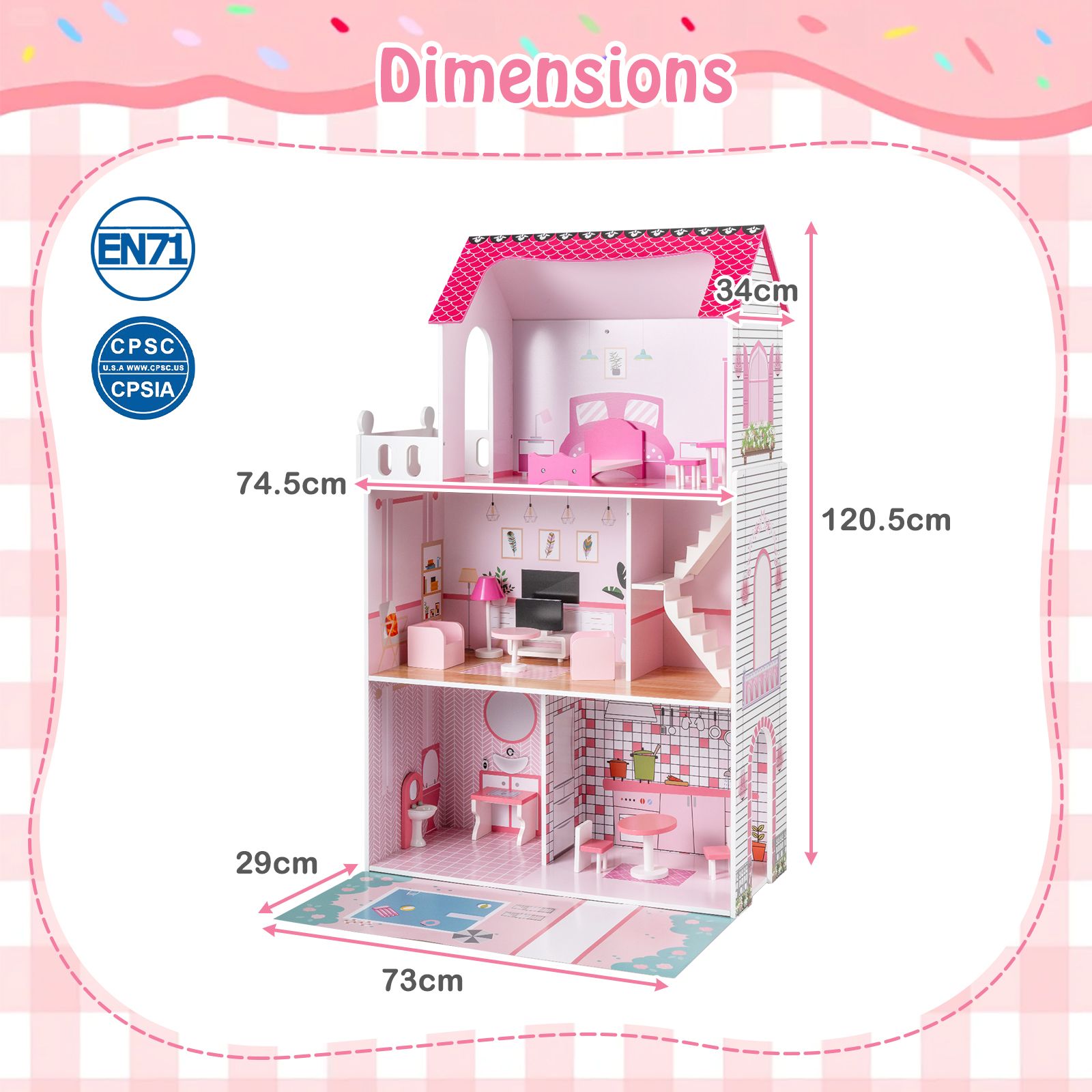 Wooden Dollhouse with 17-Piece Furniture and Staircase Accessories