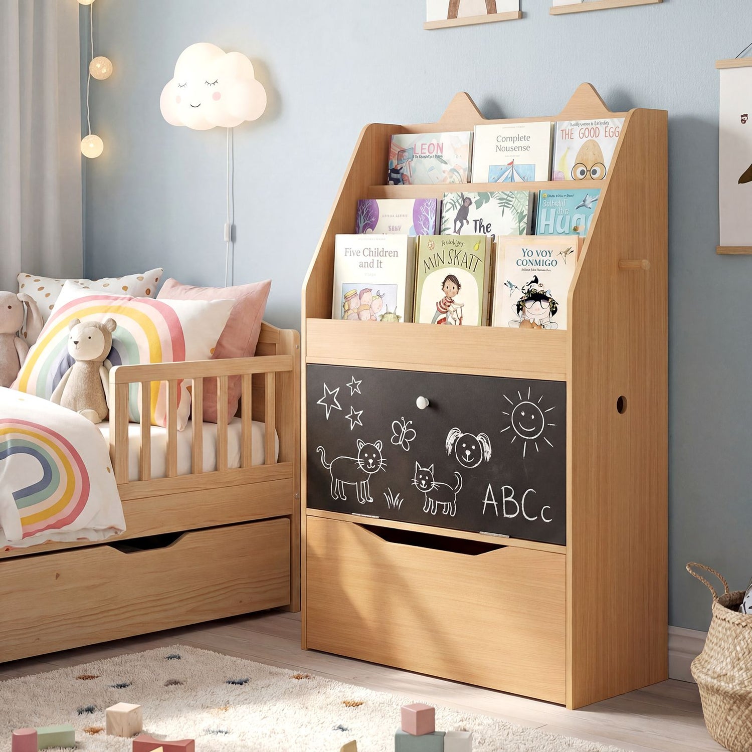 Wooden Kids Bookshelf and Toy Storage Toddler Book Rack with Movable Storage Drawer
