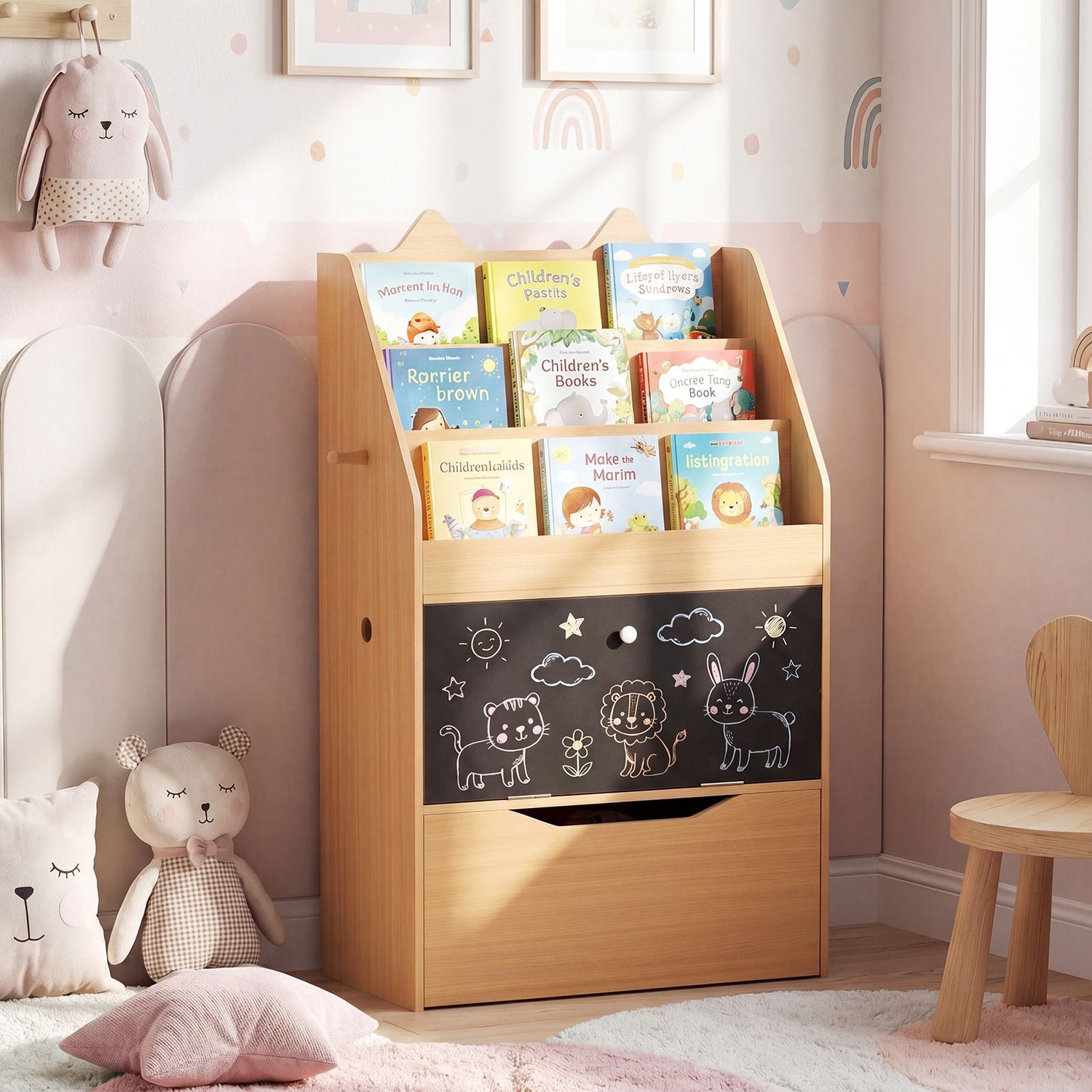 Wooden Kids Bookshelf and Toy Storage Toddler Book Rack with Movable Storage Drawer