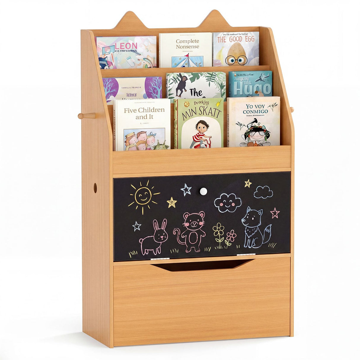 Wooden Kids Bookshelf and Toy Storage Toddler Book Rack with Movable Storage Drawer