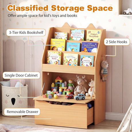 Wooden Kids Bookshelf and Toy Storage Toddler Book Rack with Movable Storage Drawer