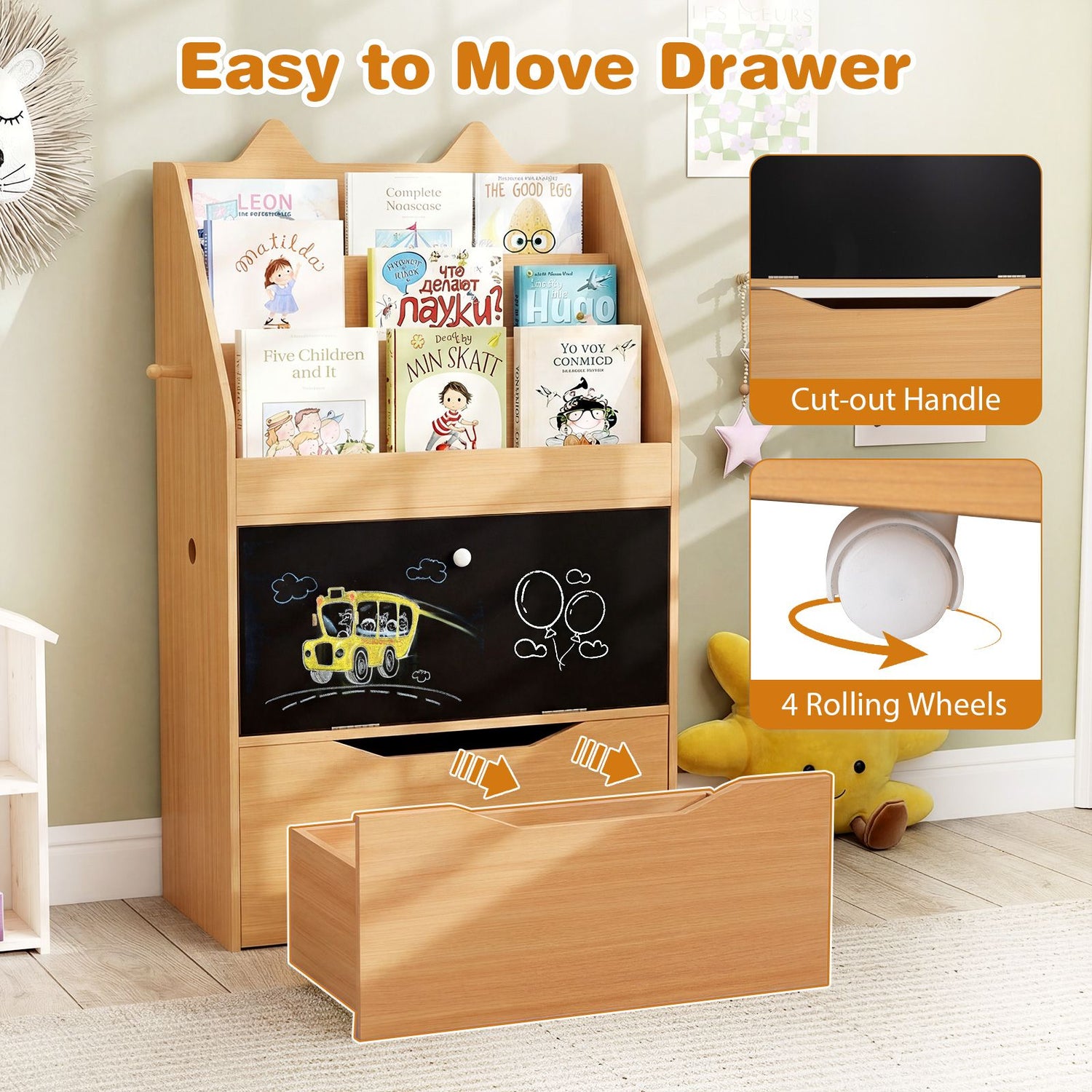 Wooden Kids Bookshelf and Toy Storage Toddler Book Rack with Movable Storage Drawer