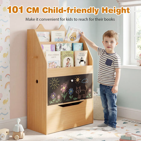 Wooden Kids Bookshelf and Toy Storage Toddler Book Rack with Movable Storage Drawer
