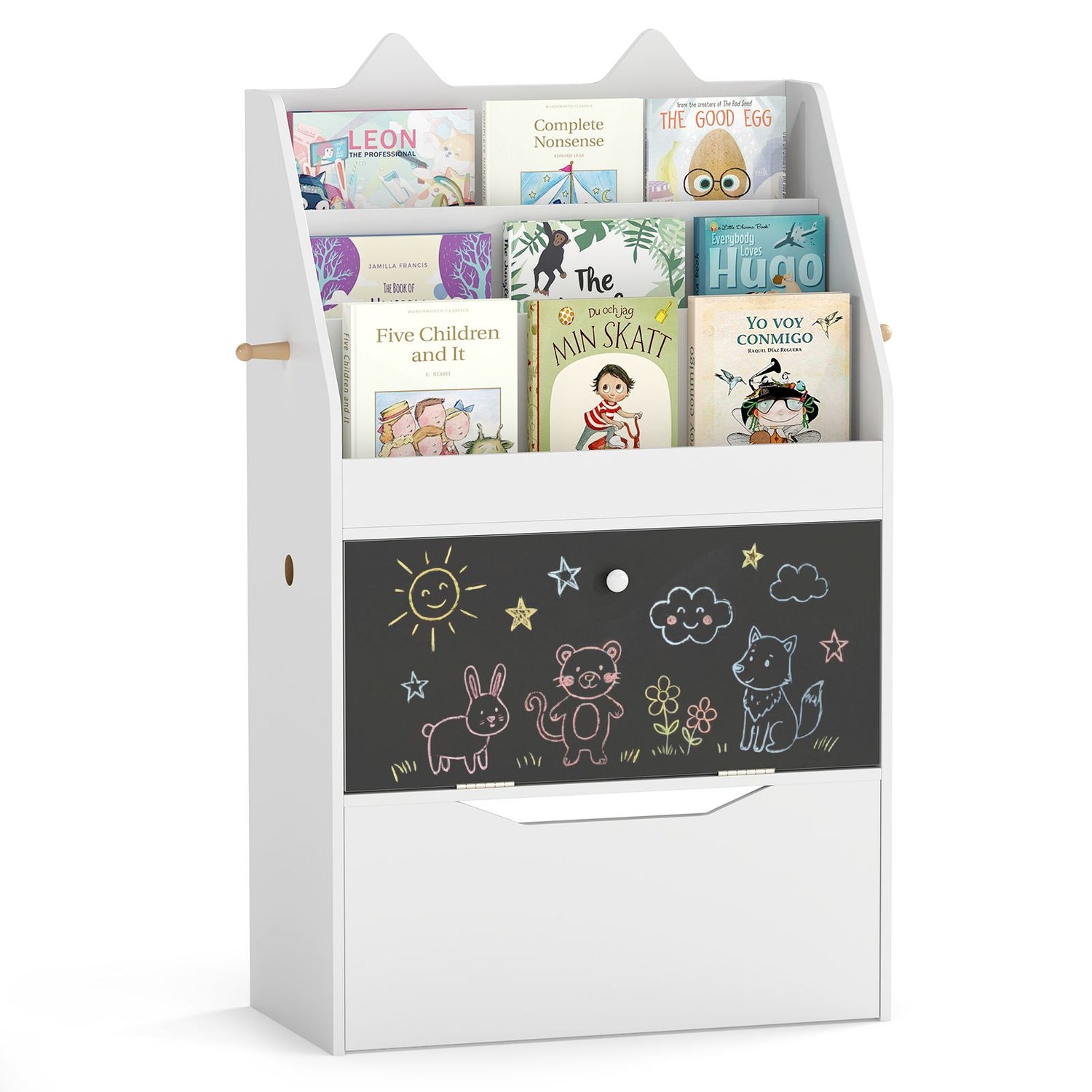 Wooden Kids Bookshelf and Toy Storage Toddler Book Rack with Movable Storage Drawer