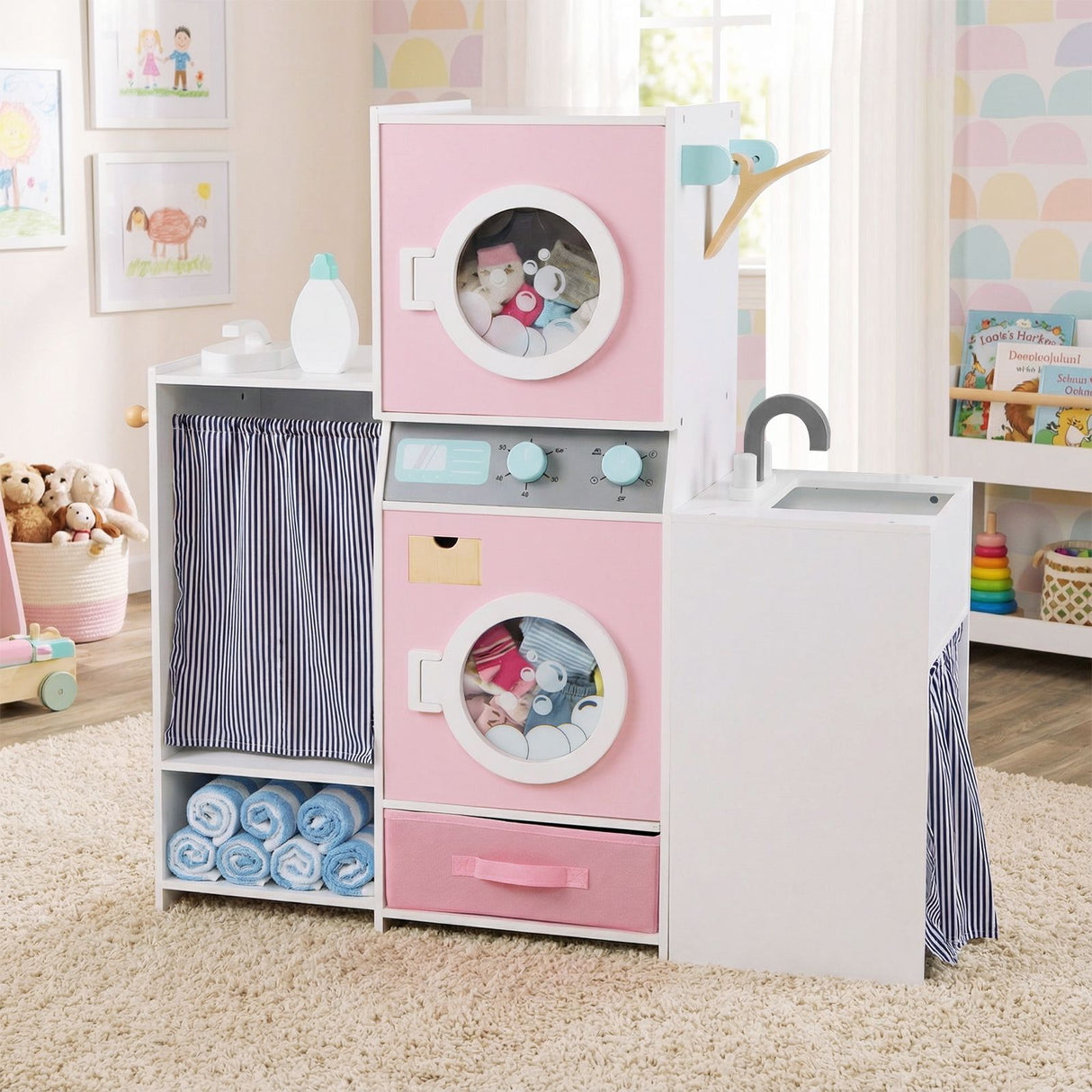 Wooden Kids Laundry Playset with Laundry Detergent Bottle
