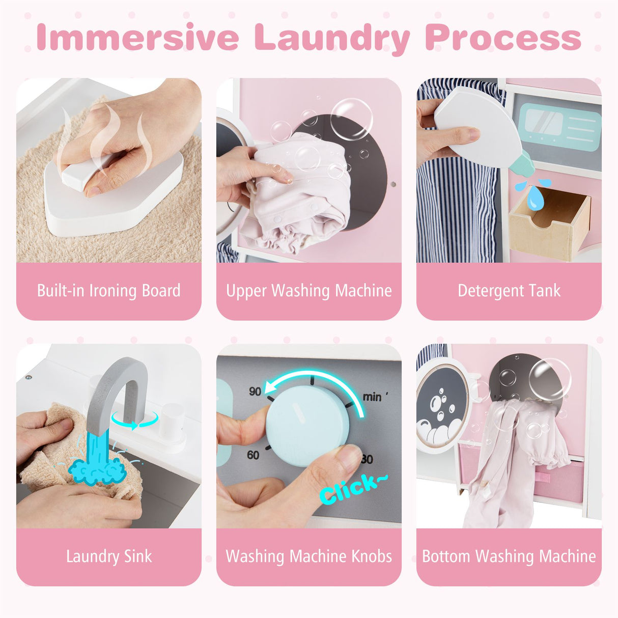 Wooden Kids Laundry Playset with Laundry Detergent Bottle