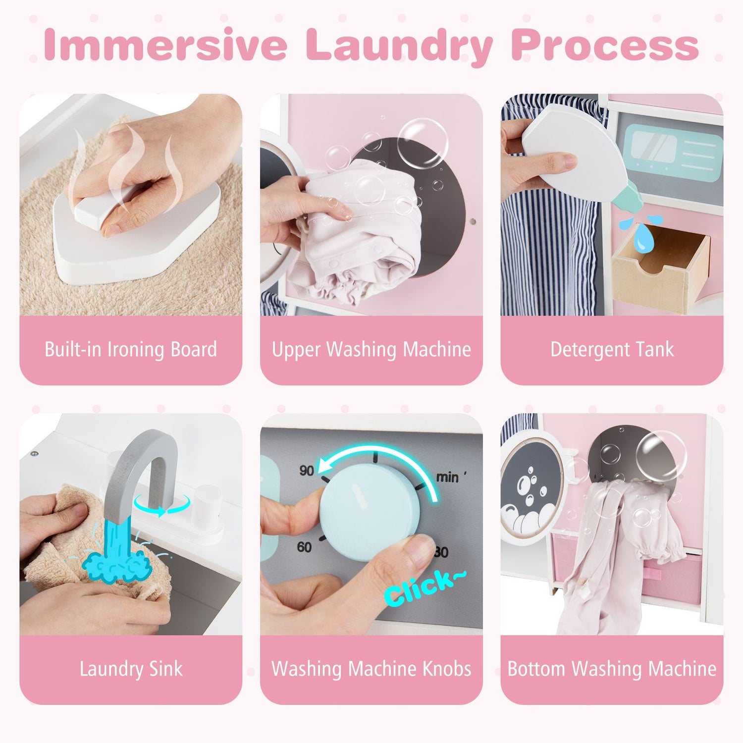 Wooden Kids Laundry Playset with Laundry Detergent Bottle