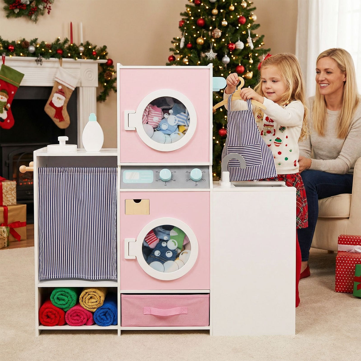 Wooden Kids Laundry Playset with Laundry Detergent Bottle