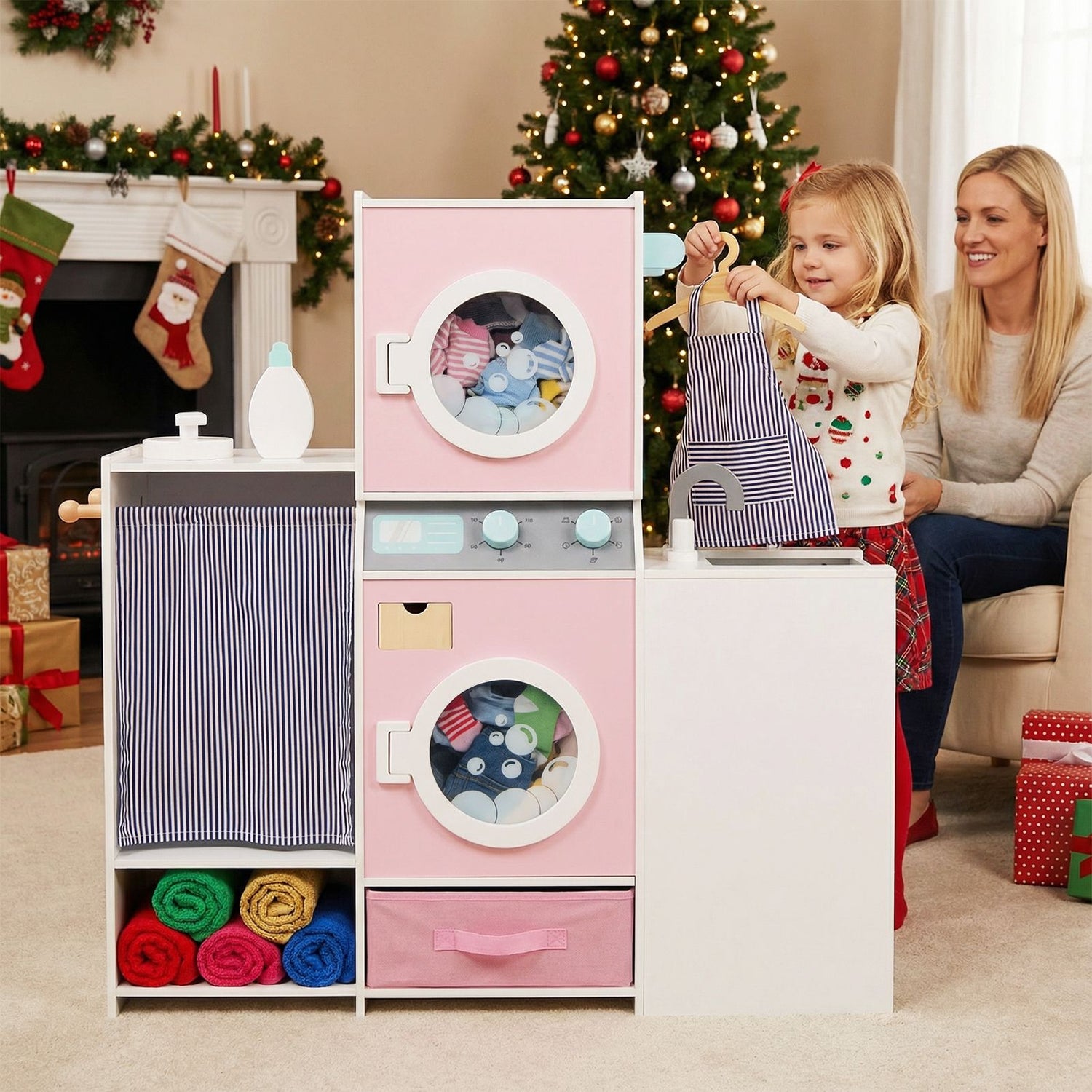 Wooden Kids Laundry Playset with Laundry Detergent Bottle