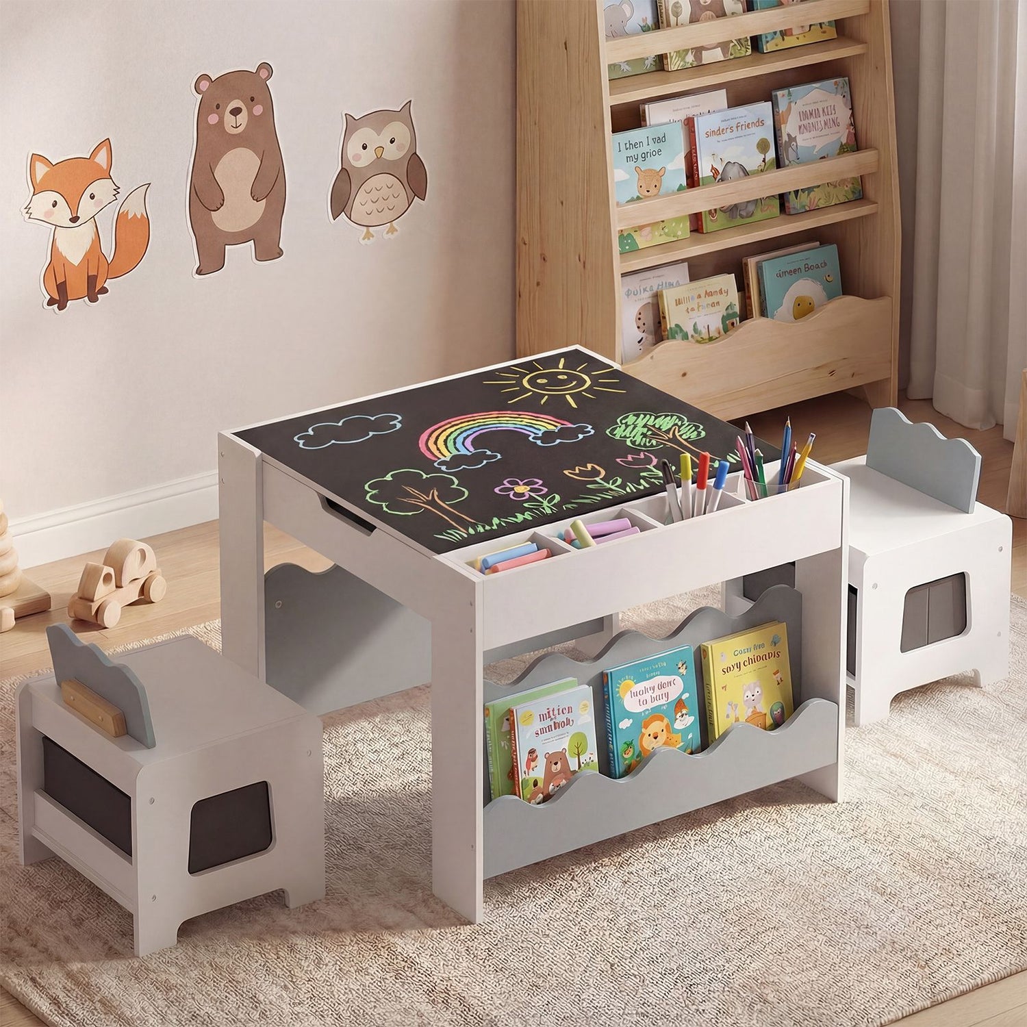 Wooden Kids Table and Chairs Set Multi-purpose Activity Table Set with Tabletop