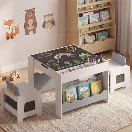 Wooden Kids Table and Chairs Set Multi-purpose Activity Table Set with Tabletop