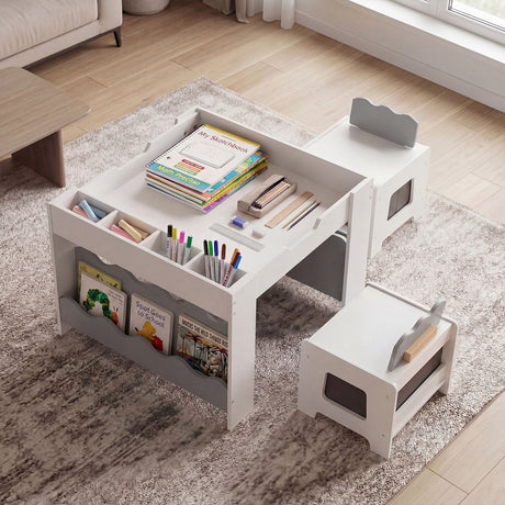 Wooden Kids Table and Chairs Set Multi-purpose Activity Table Set with Tabletop