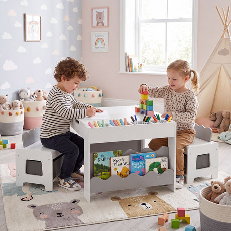 Wooden Kids Table and Chairs Set Multi-purpose Activity Table Set with Tabletop
