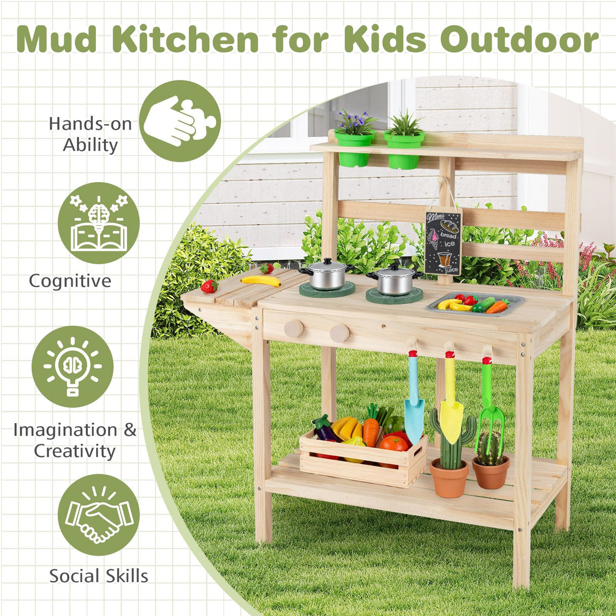 Wooden Kitchen Playset with Stoves and Flowerpots for Boys Girls 3+