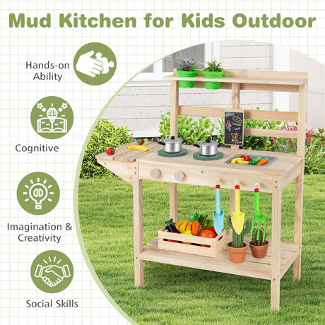Wooden Kitchen Playset with Stoves and Flowerpots for Boys Girls 3+