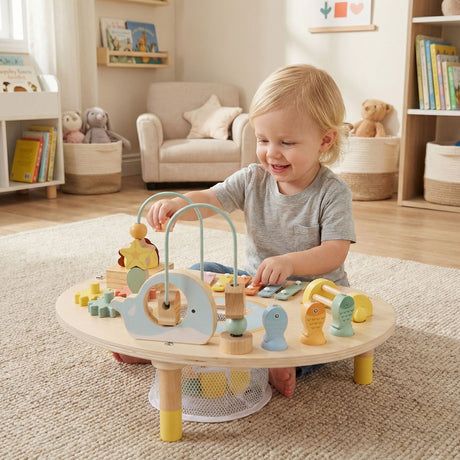 Wooden Musical Play Table with Bead Maze and Music Box for Boys and Girls