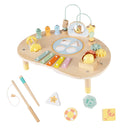 Wooden children's activity table with various educational toys on a white background