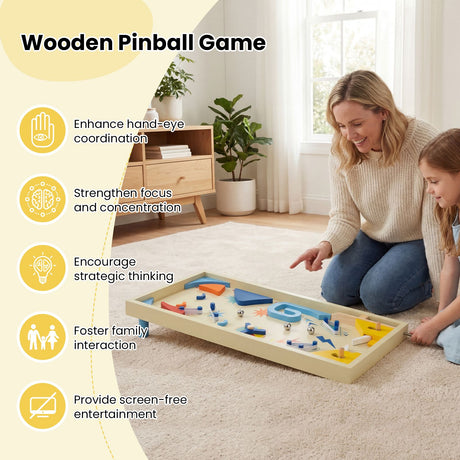 Wooden Pinball Machine with 3 Balls for Kids 6+ and Adults