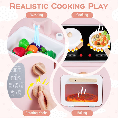 Wooden Play Kitchen with Stove and Cooking Accessories