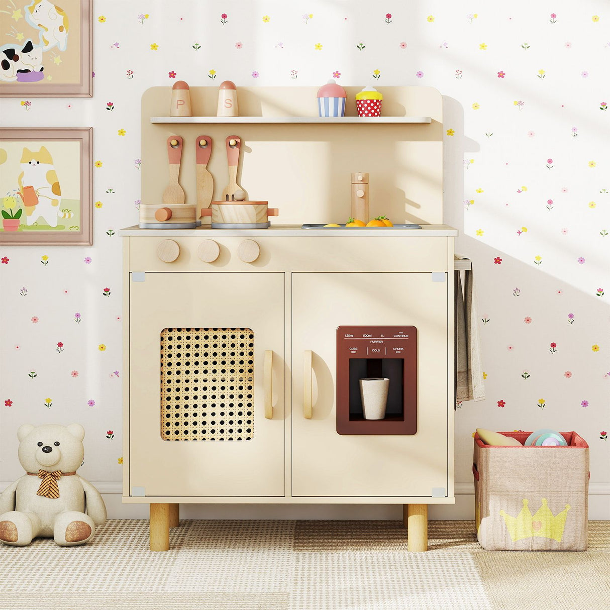 Wooden Pretend Kitchen Playset with Realistic Ice Maker and Accessories