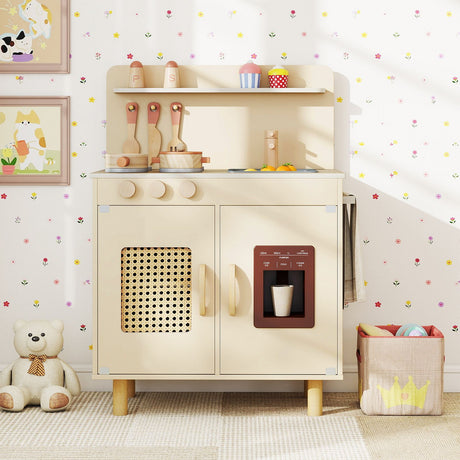 Wooden Pretend Kitchen Playset with Realistic Ice Maker and Accessories