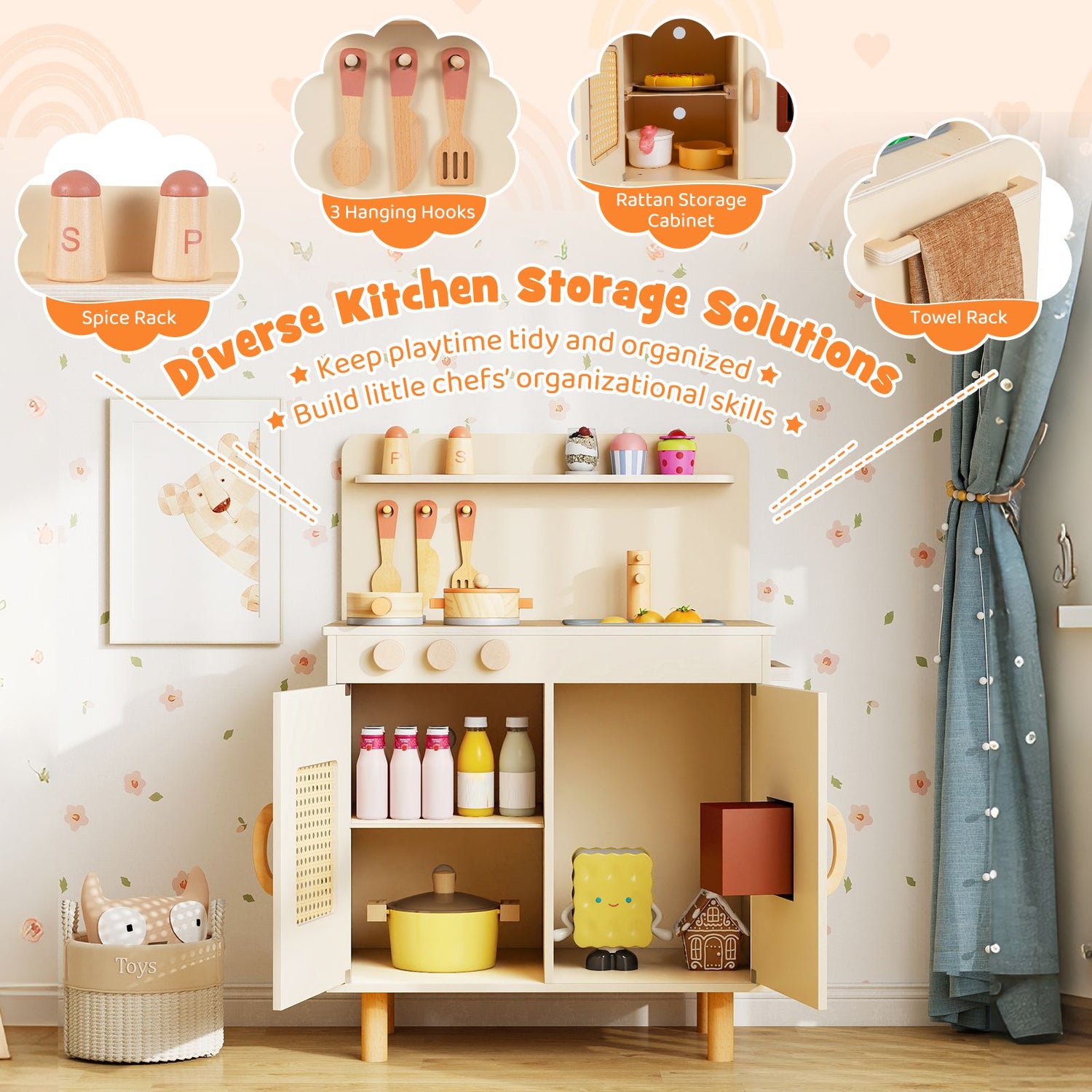 Wooden Pretend Kitchen Playset with Realistic Ice Maker and Accessories