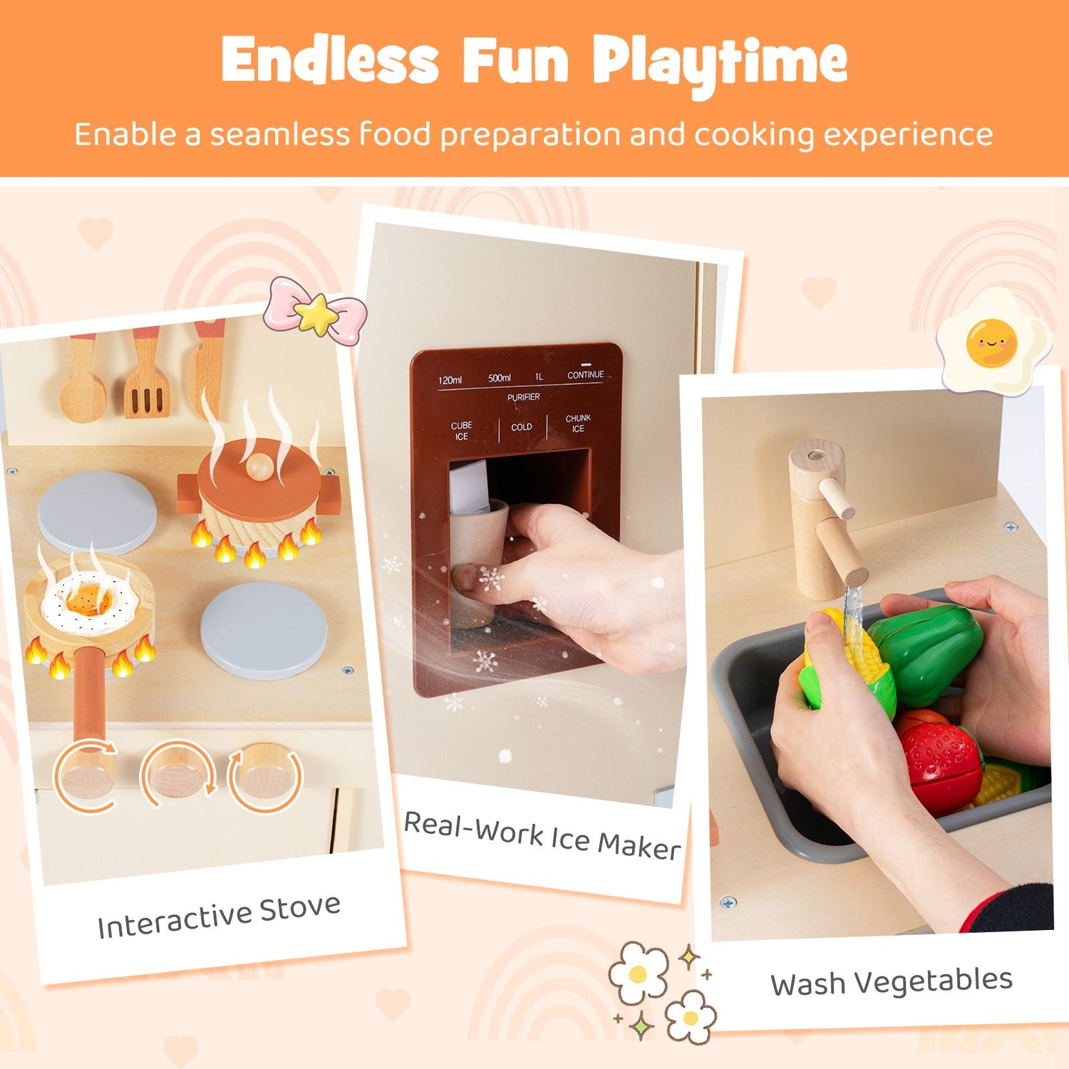 Wooden Pretend Kitchen Playset with Realistic Ice Maker and Accessories