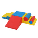 A set of 7 multicolored foam building blocks in various shapes, including a slide and cylinder blocks, with a modular hook-and-loop fastener system.