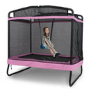 Pink and black trampoline with a child on a swing inside, on a white background