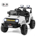 A white 12V kids ride on car jeep with dual motor toddler electric vehicle truck features, including LED lights and a remote control.