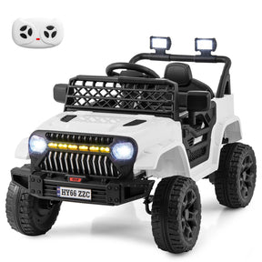 A white 12V kids ride on car jeep with dual motor toddler electric vehicle truck features, including LED lights and a remote control.