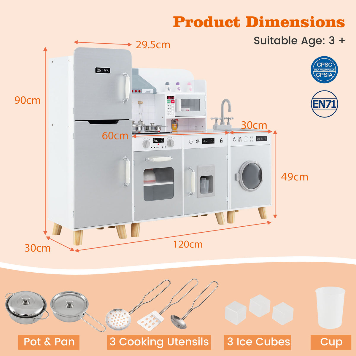 3-in-1 Kids Kitchen Playset Corner Pretend Play Kitchen w/Fridge Washing Machine
