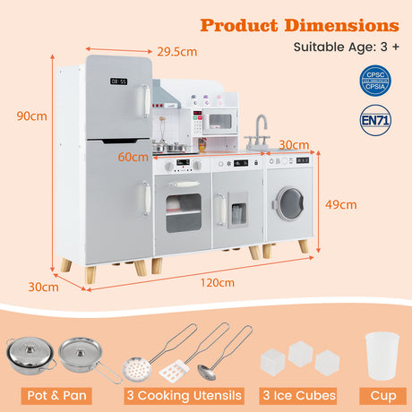 3-in-1 Kids Kitchen Playset Corner Pretend Play Kitchen w/Fridge Washing Machine