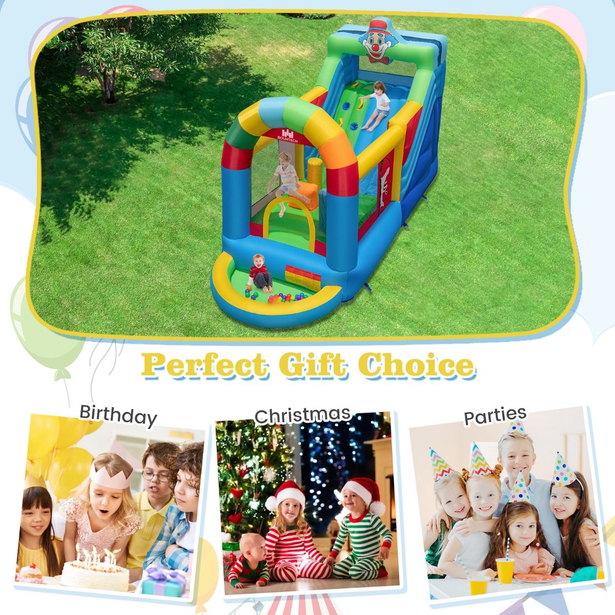 Clownland Bouncy Castle with Climbing Surface and Long Slide