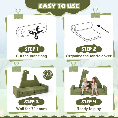 Step-by-step guide on how to set up a green dinosaur-shaped sofa with illustrations and text.