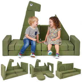 Children sitting on a green dinosaur-shaped sofa with additional sections displayed below.