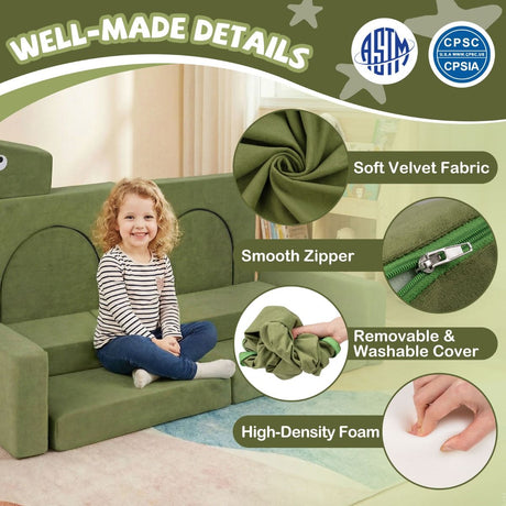 Green children's sofa with features highlighted, including soft velvet fabric, smooth zipper, removable washable cover, and high-density foam.