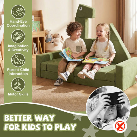 Two children sitting on a green dinosaur-shaped sofa reading books, with text highlighting benefits of play.