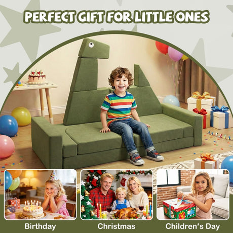 Child sitting on a green dinosaur-shaped sofa with festive decorations and text 'Perfect Gift for Little Ones'.