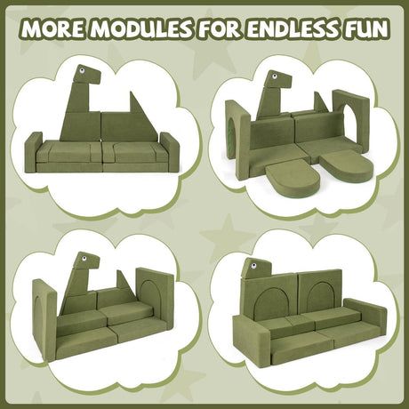 Green modular sofa set with cloud-shaped outlines on a light green background, featuring text 'More Modules for Endless Fun'.
