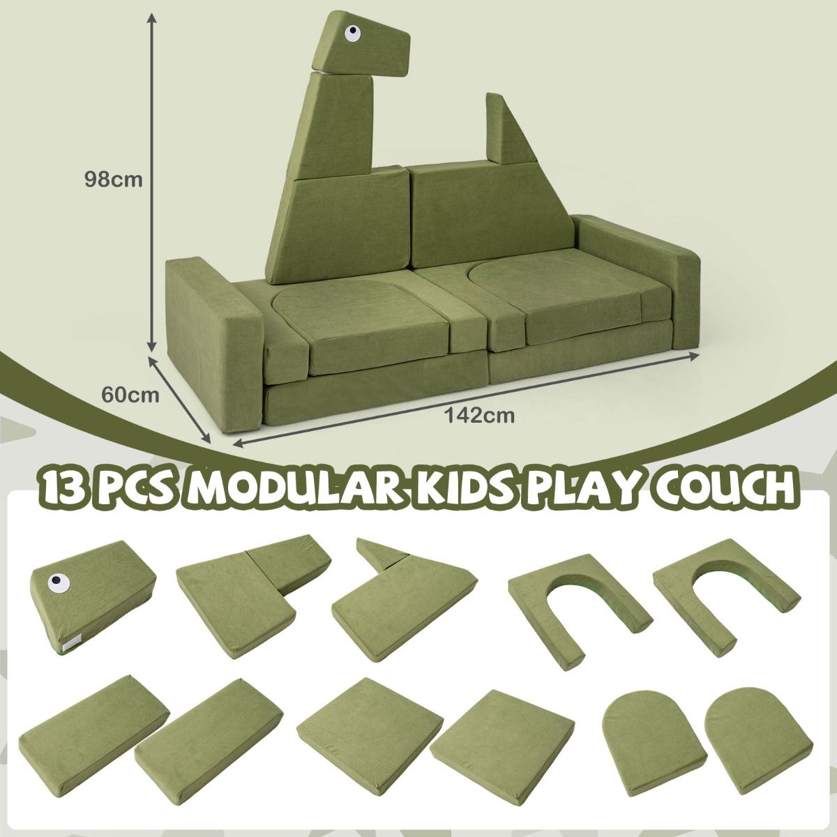 13 Pieces Dinosaur Theme Toddler Foam Building Fort